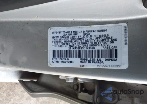 2003 Toyota Matrix Standard из США, поврежденный, VIN 2T1KR32E23C149593